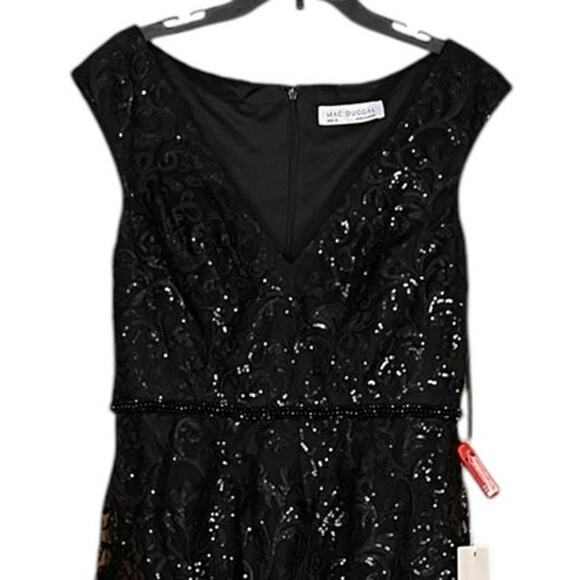 Mac Duggal NEW Size 12 Black Sequined V Neck Cap Sleeve Midi Dress Style A68012 - Picture 6 of 11